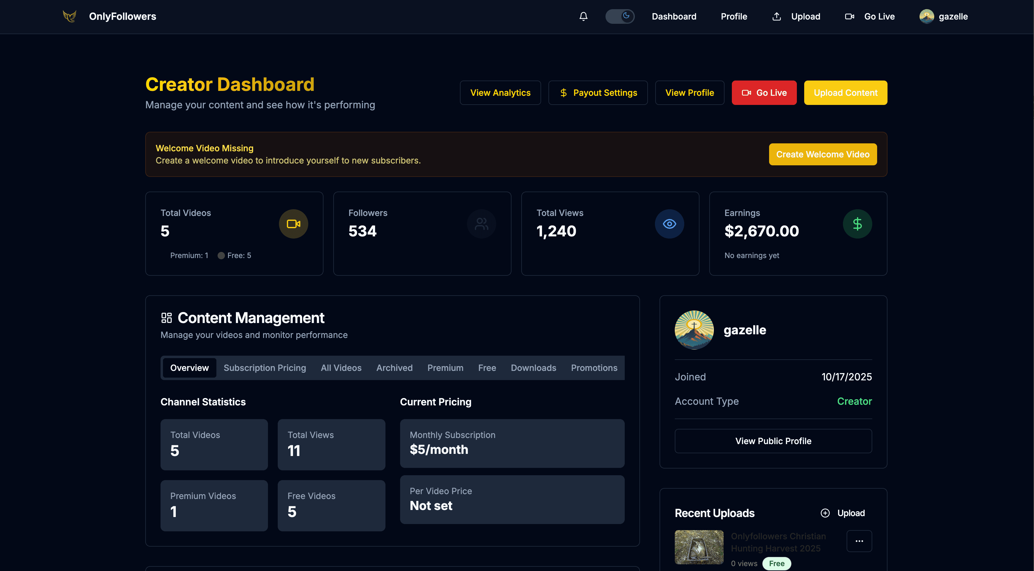 Creator dashboard preview