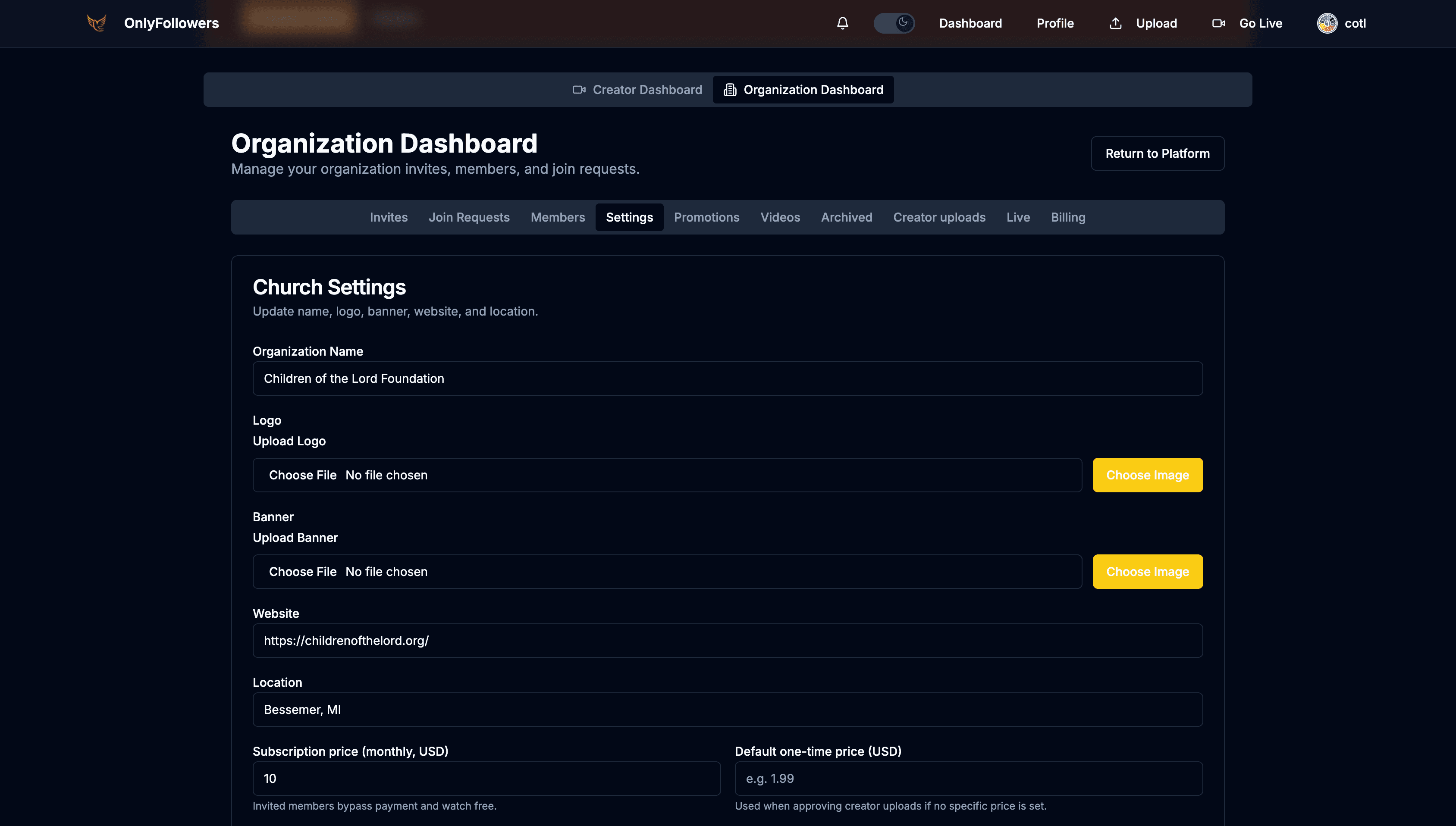 Organization dashboard preview
