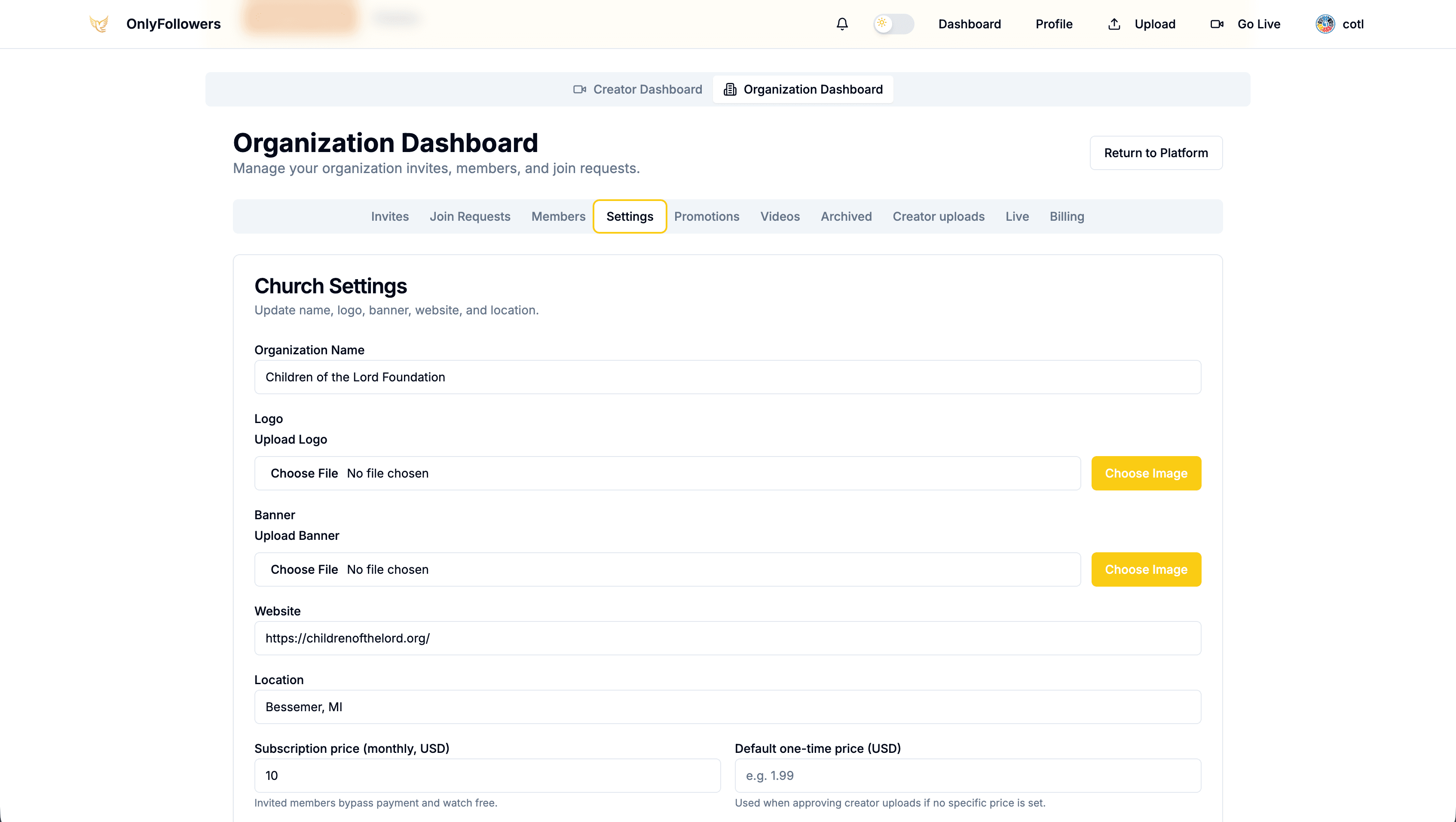 Organization dashboard preview