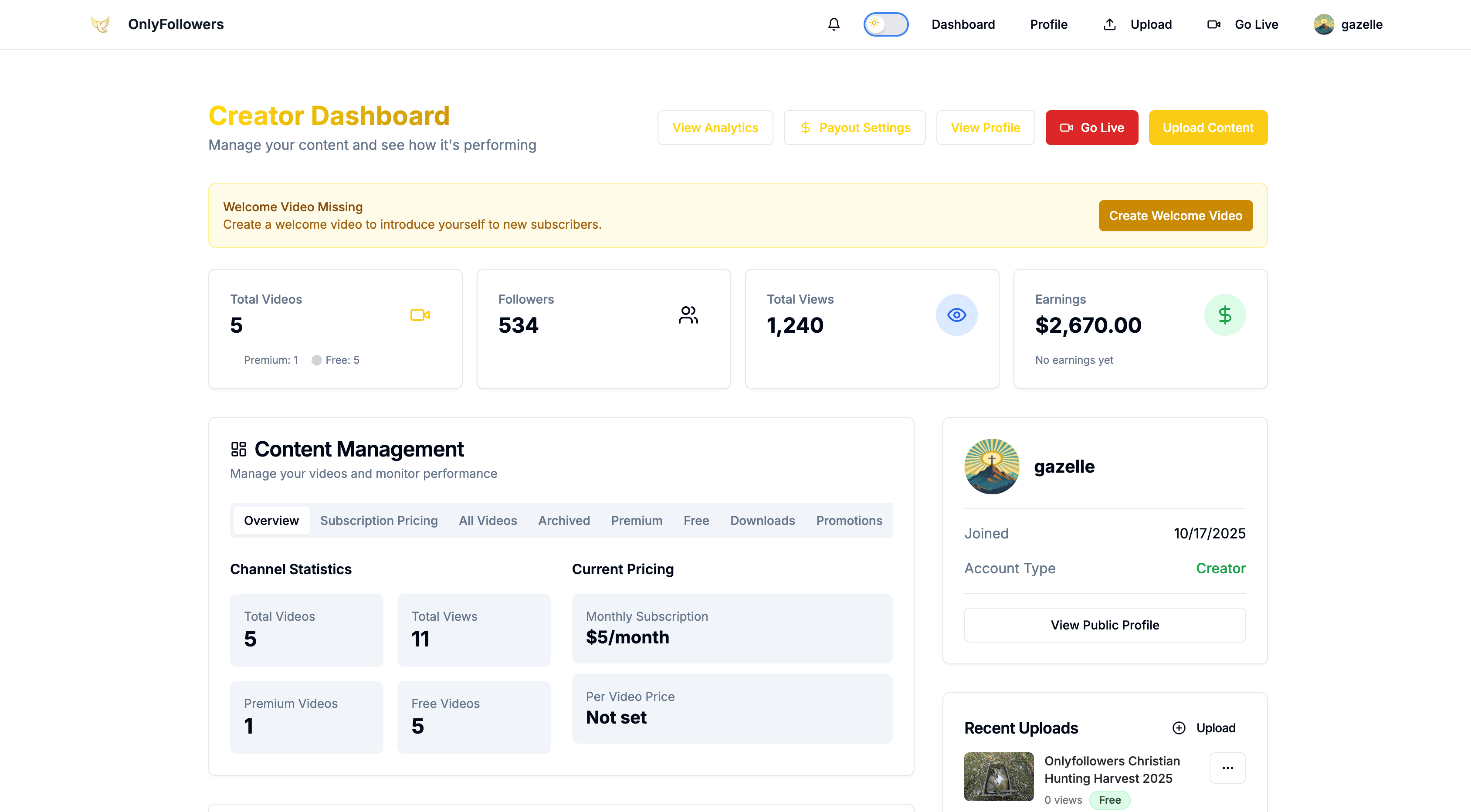 Creator dashboard preview
